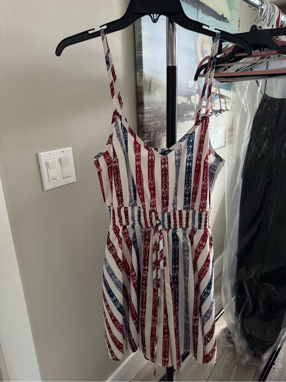 SHEIN Red, White & Blue Striped Spaghetti Strap Romper Shorts